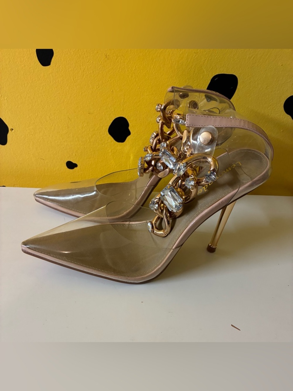 Clear Pointed Stiletto Heel Pumps with Gold Chain and Crystal Accents - Nude